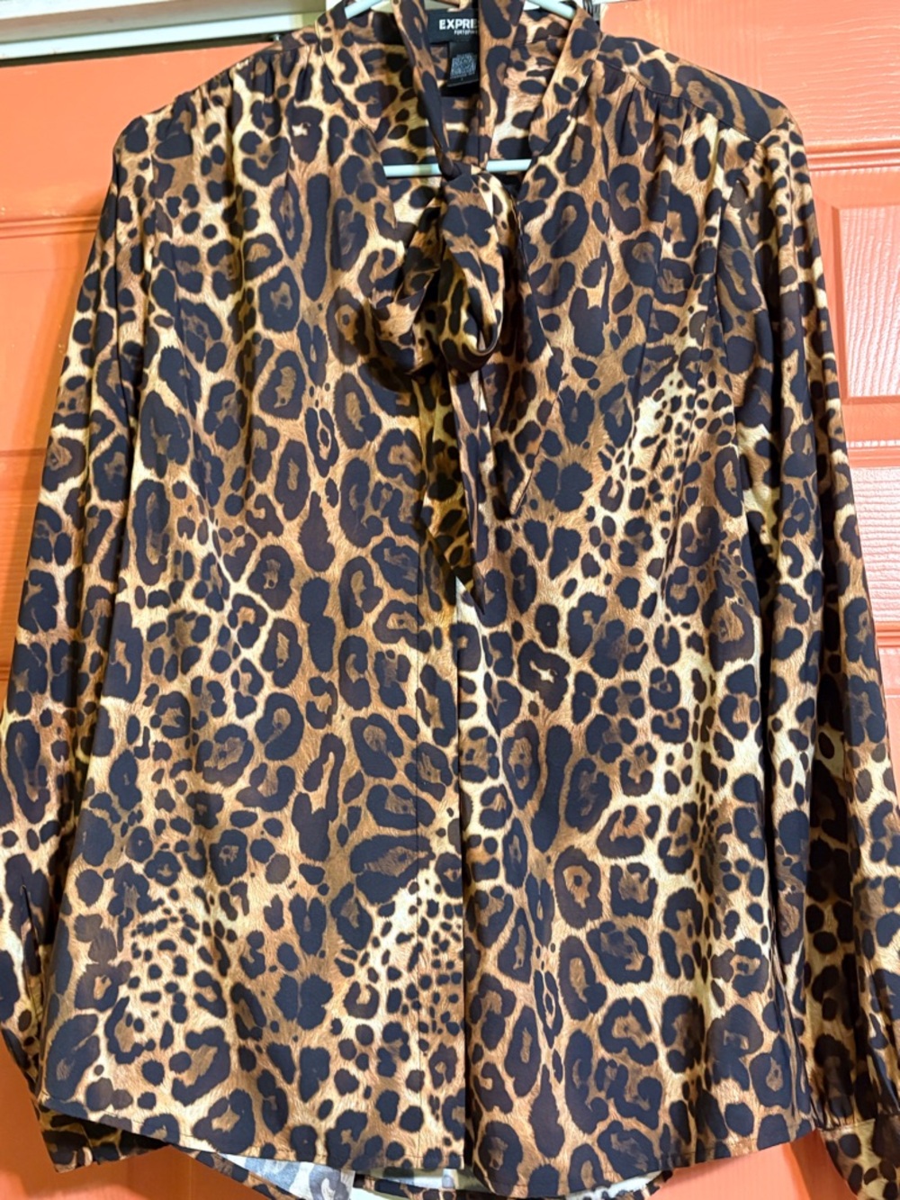 Express Leopard Print Tie-Neck Blouse - Brown & Black